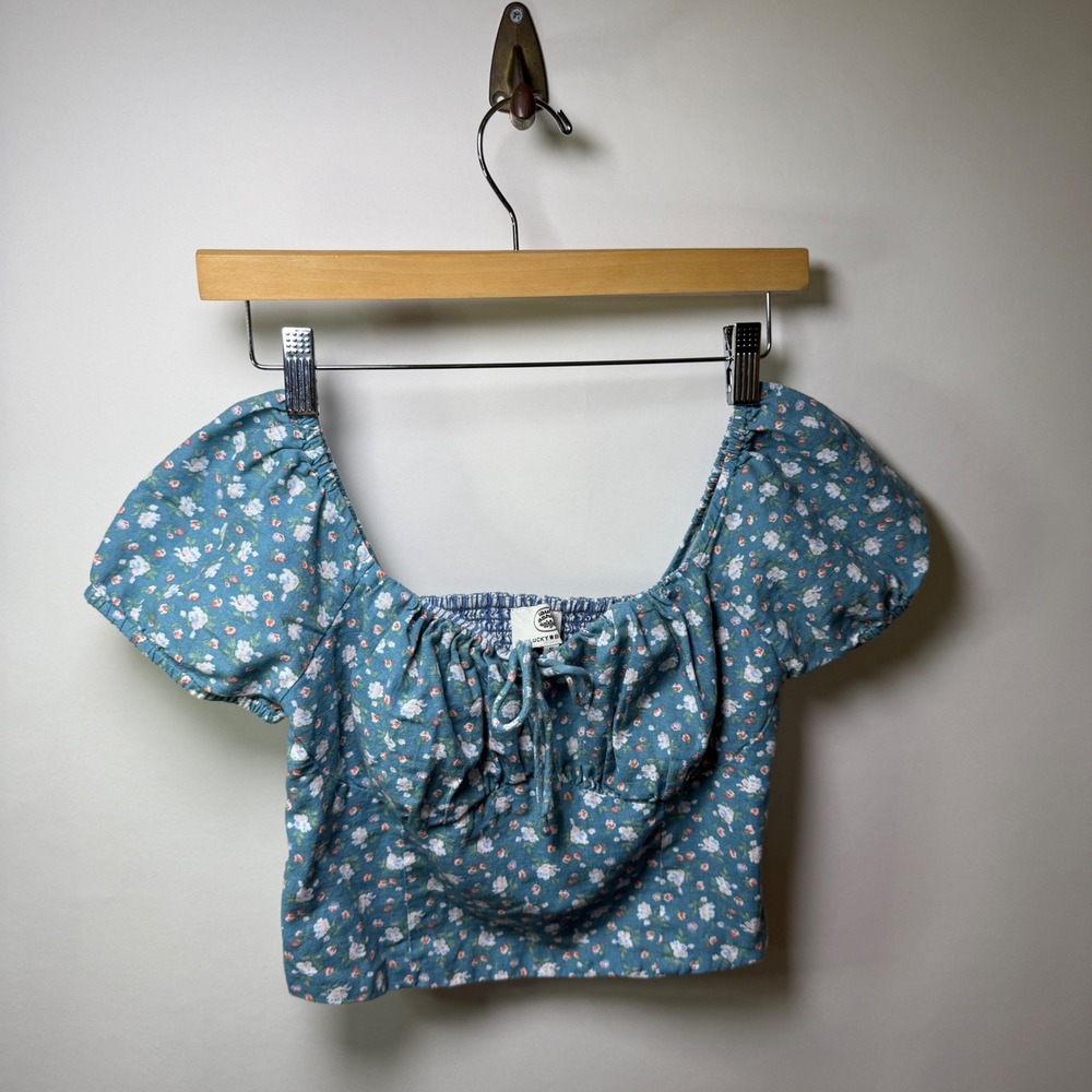 Lucky Brand x Laura Ashley Women S Blue Floral Puff Sleeve Smocked Crop Top